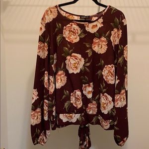 Plus Size Maroon Floral Back Tail Tie Blouse- FTF